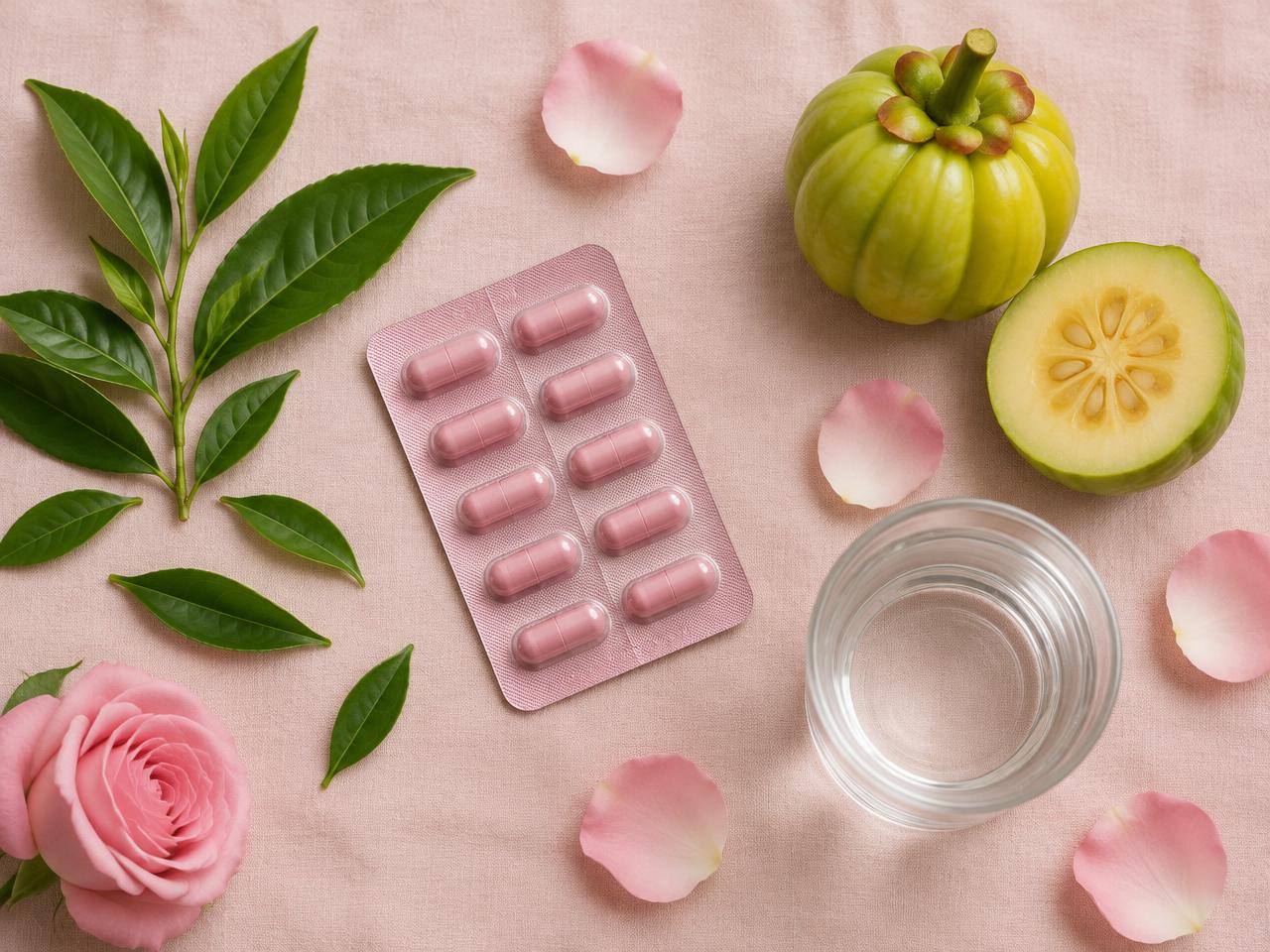 Fite6 capsules with green tea leaves, garcinia fruit and a glass of water