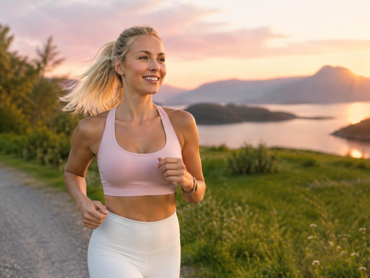 Woman jogging outdoors at sunset, feeling energetic and healthy